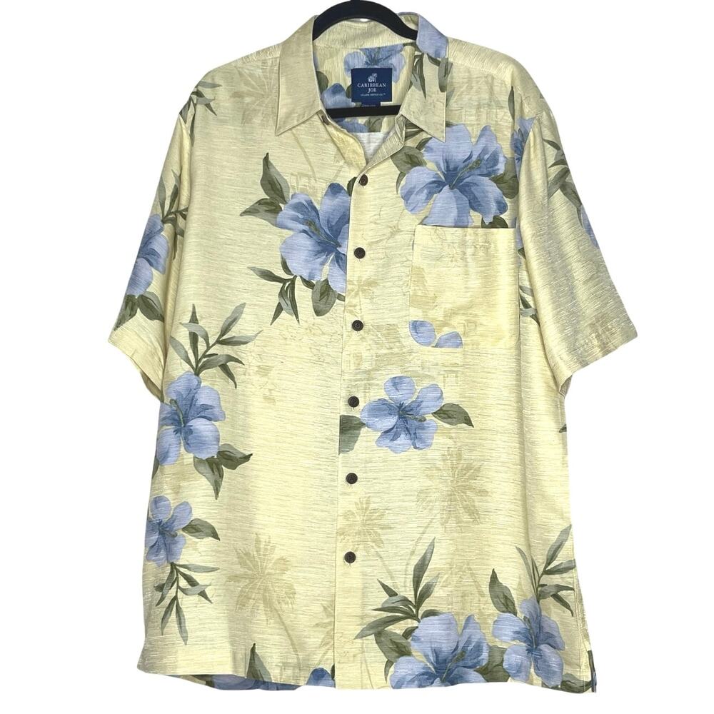 Caribbean Joe Island Supply, Silk Hawaii Shirt, Yellow Floral, Mens Short Sleeve